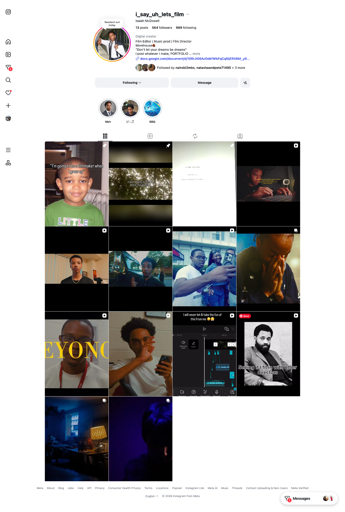 Isaiah's filmmaking Instagram profile and project grid